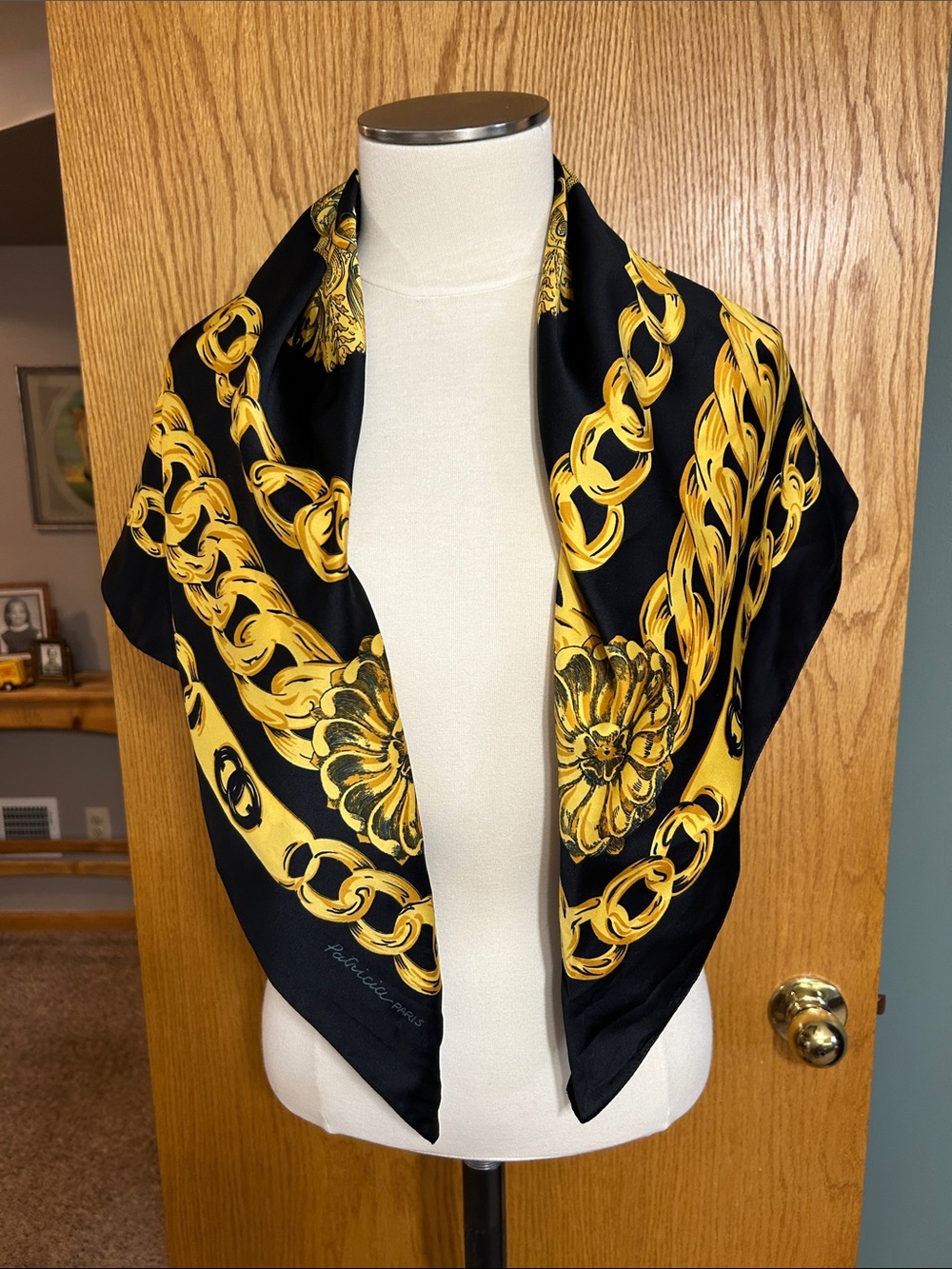 Vintage Patricia Paris Scarf Black Gold Chain Link Baroque Square Wrap old money